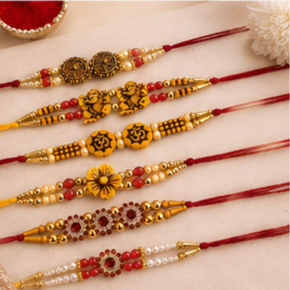 Giftsroot Rakhi Set of 6 for Brother Men, Ganesha Shree Om Radha Krishna Traditional Designer Rakhis with Card and Tilak Set 