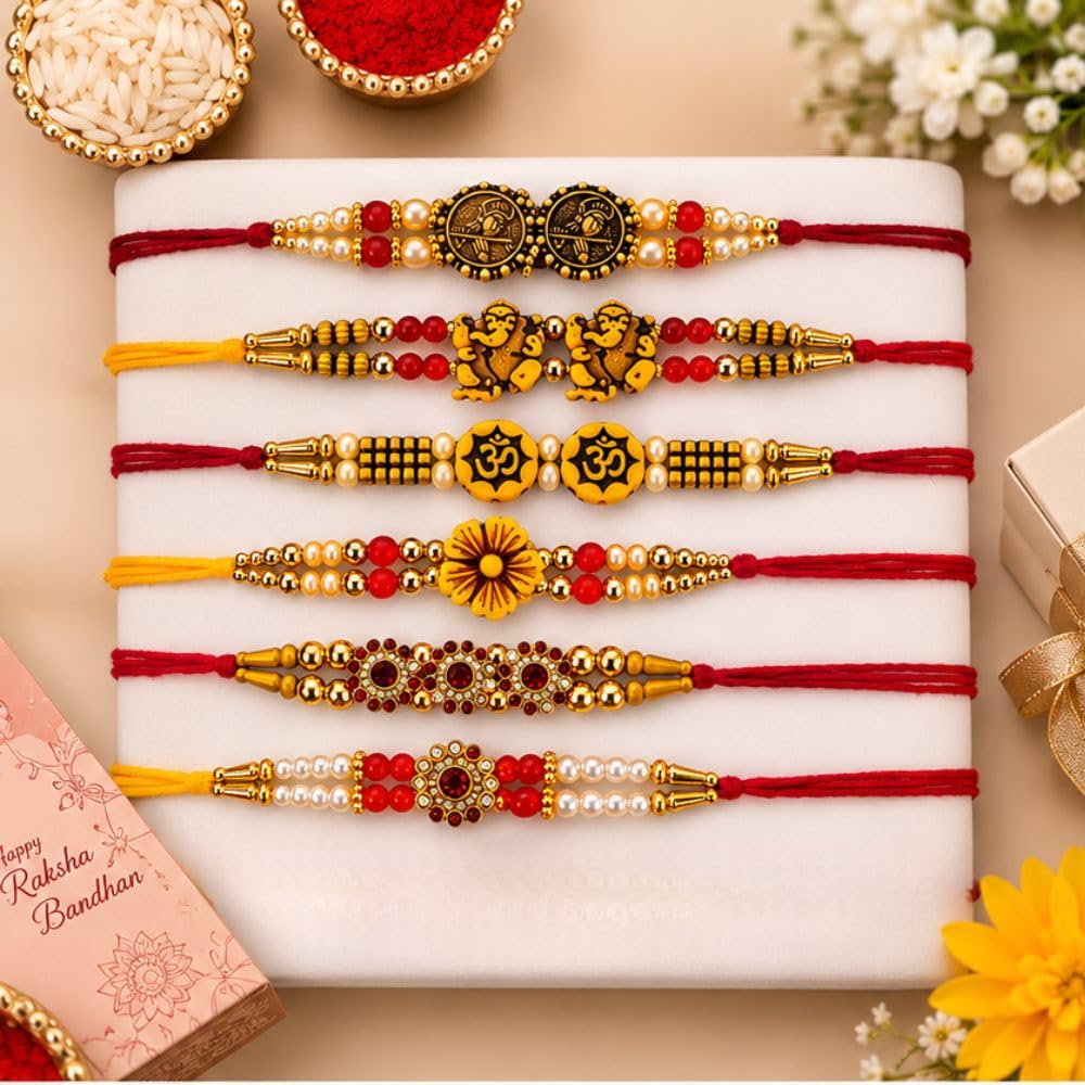 Giftsroot Rakhi Set of 6 for Brother Men, Ganesha Shree Om Radha Krishna Traditional Designer Rakhis with Card and Tilak Set 