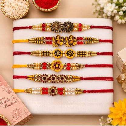 Giftsroot Rakhi Set of 6 for Brother Men, Ganesha Shree Om Radha Krishna Traditional Designer Rakhis with Card and Tilak Set 