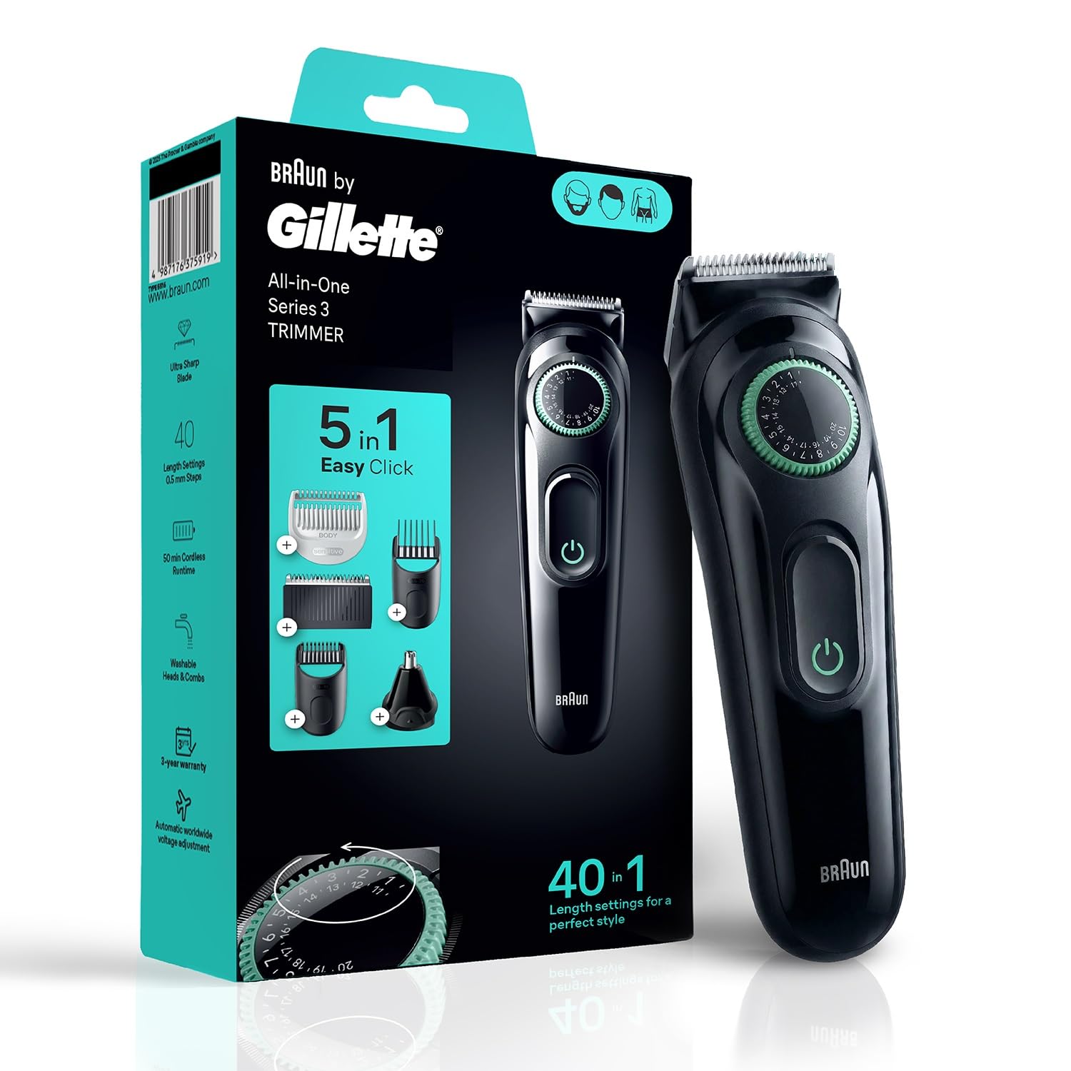 Gillette Series 3 All-in-One Beard & Body Trimmer, 40 Length Settings, 5 Attachments, 50 Min Runtime, Washable Head