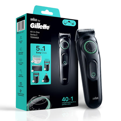 Gillette Series 3 All-in-One Beard & Body Trimmer, 40 Length Settings, 5 Attachments, 50 Min Runtime, Washable Head