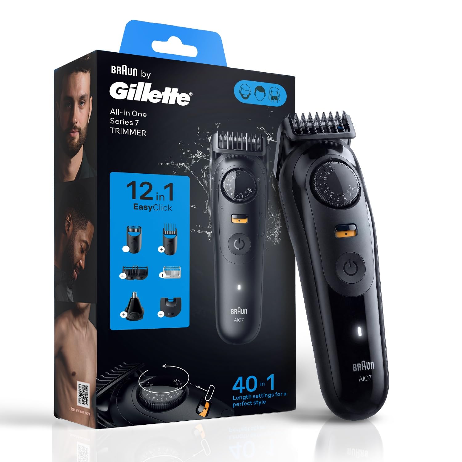 Gillette Series 7 All-in-One Beard & Body Trimmer by Braun with Fusion Proglide Razor, 40 Length Settings, 120 Min Runtime, W
