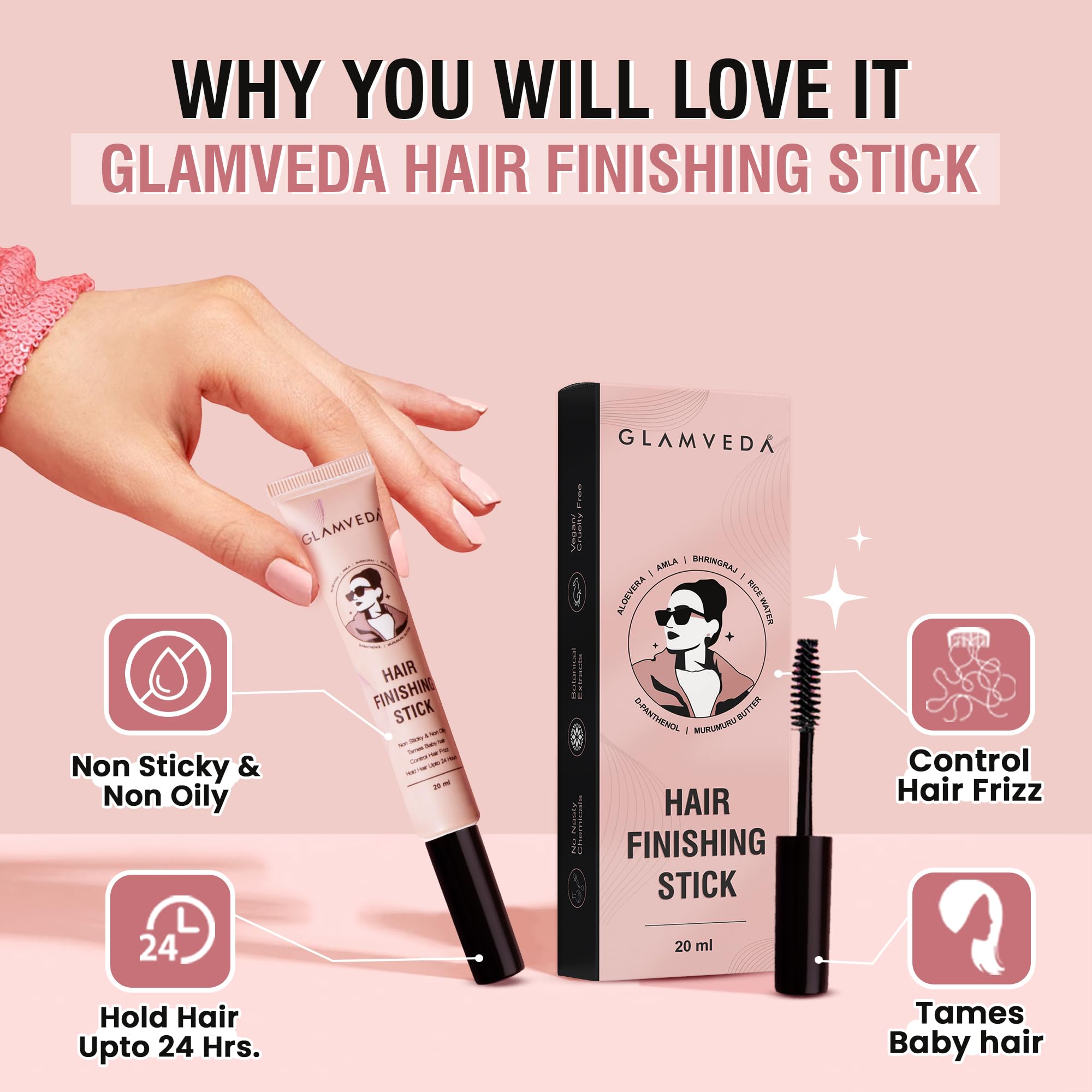 GLAMVEDA Anti-Frizz Hair Finishing Stick for Flyaways and Baby Hair, 20ml, Hair Styling Agent - back view