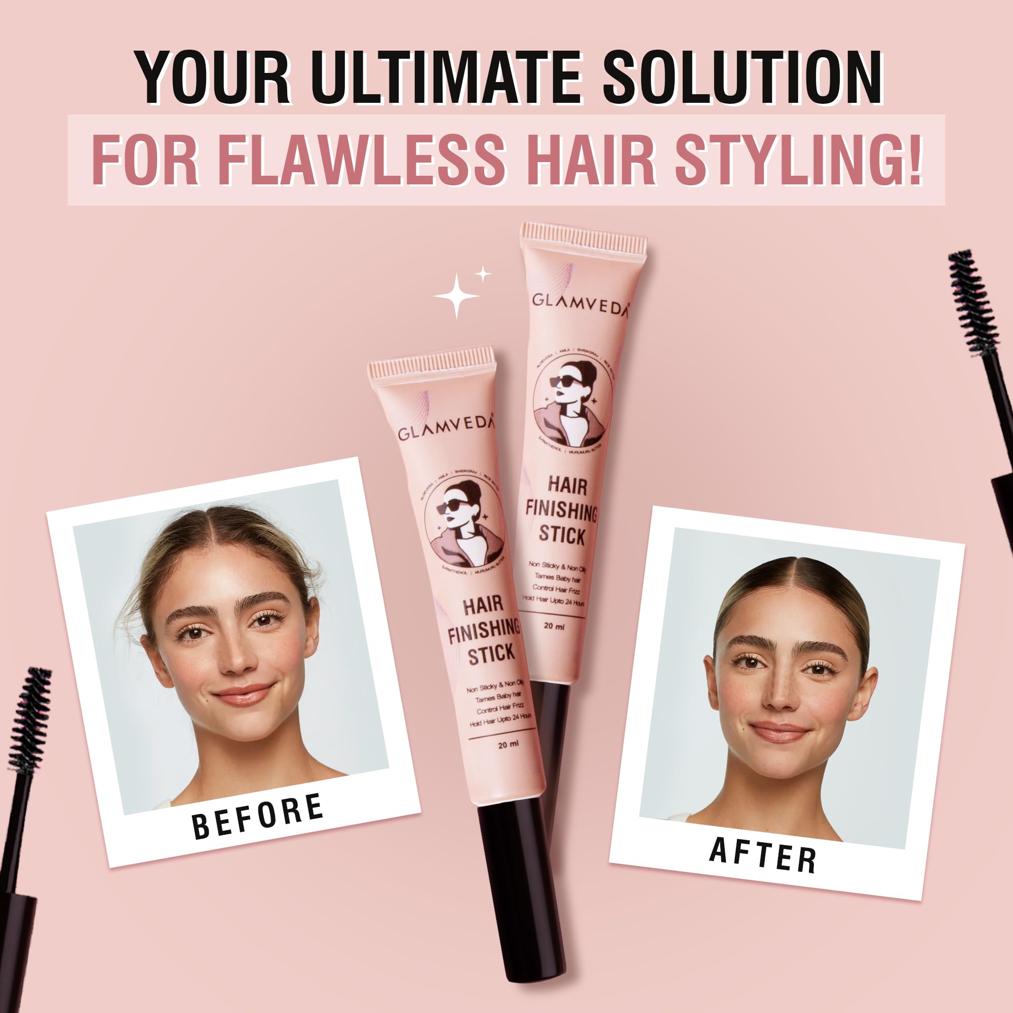 GLAMVEDA Anti-Frizz Hair Finishing Stick for Flyaways and Baby Hair, 20ml, Hair Styling Agent - label detail