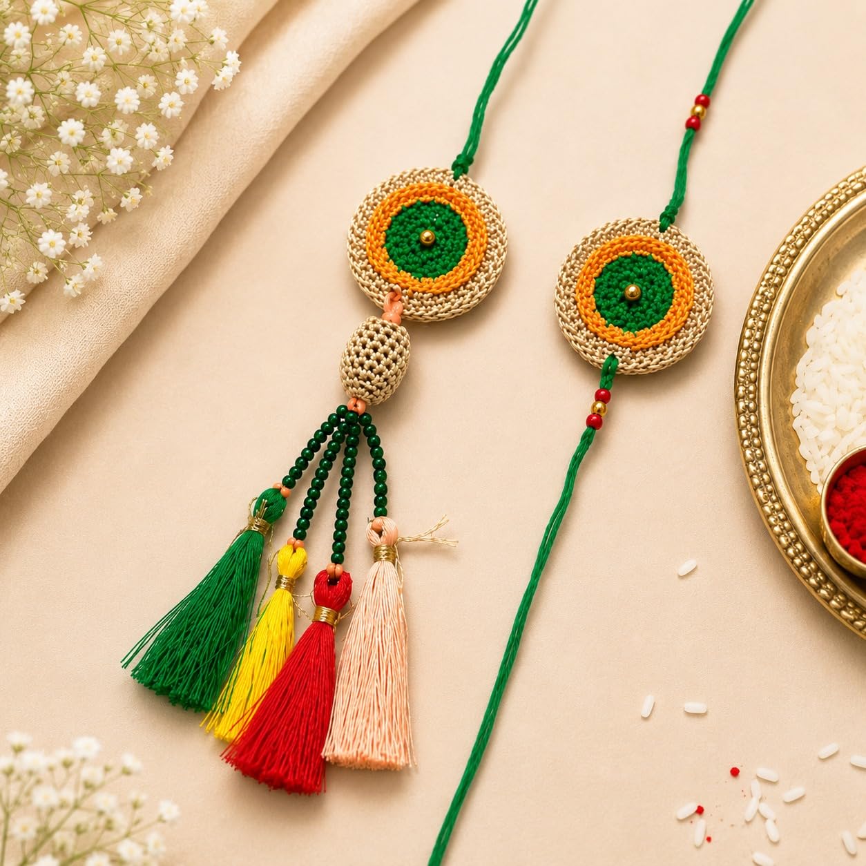 GliterKart Handmade Crochet Bhaiya Bhabhi Rakhi Set of 2 - front view