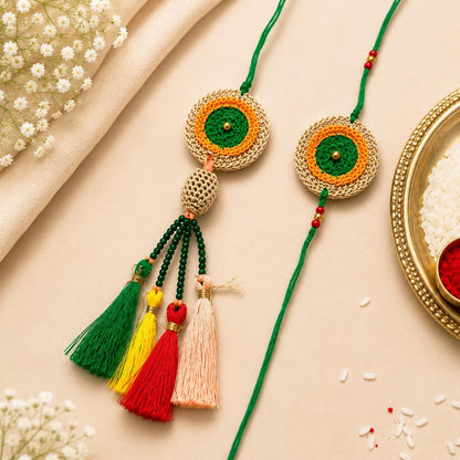 GliterKart Handmade Crochet Bhaiya Bhabhi Rakhi Set of 2 - front view