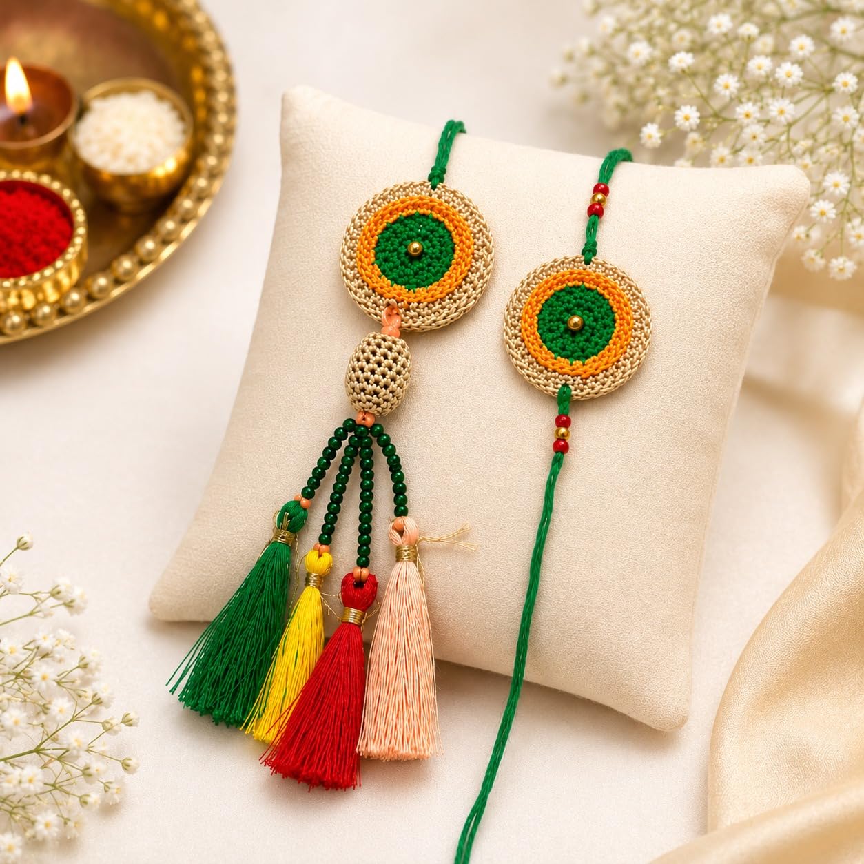 GliterKart Handmade Crochet Bhaiya Bhabhi Rakhi Set of 2 - size and scale