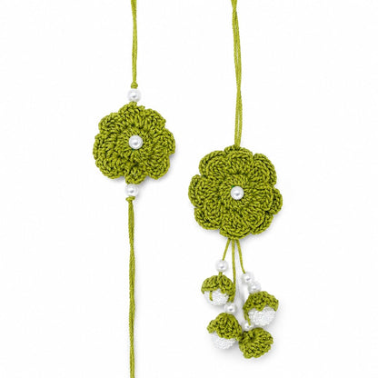 GliterKart Handmade Crochet Green Flower Rakhi for Brother, Cotton Thread Bracelet with Pearl Beads, Raksha Bandhan Gift