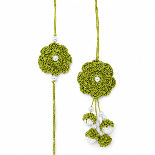 GliterKart Handmade Crochet Green Flower Rakhi for Brother, Cotton Thread Bracelet with Pearl Beads, Raksha Bandhan Gift