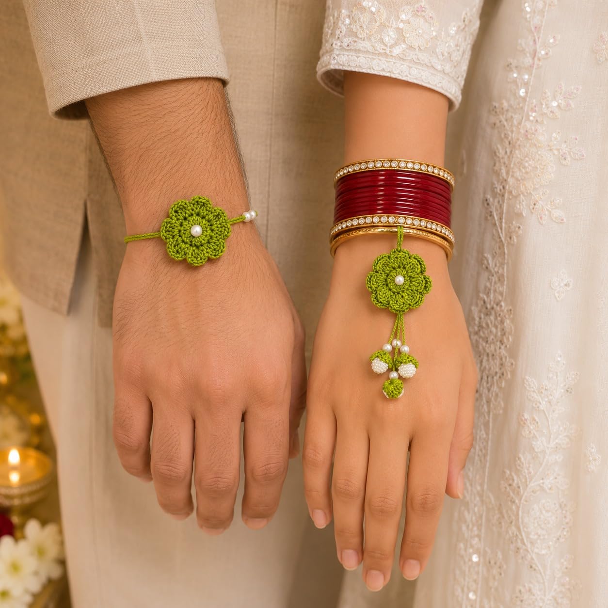GliterKart Handmade Crochet Green Flower Rakhi for Brother, Cotton Thread Bracelet with Pearl Beads, Raksha Bandhan Gift - fr