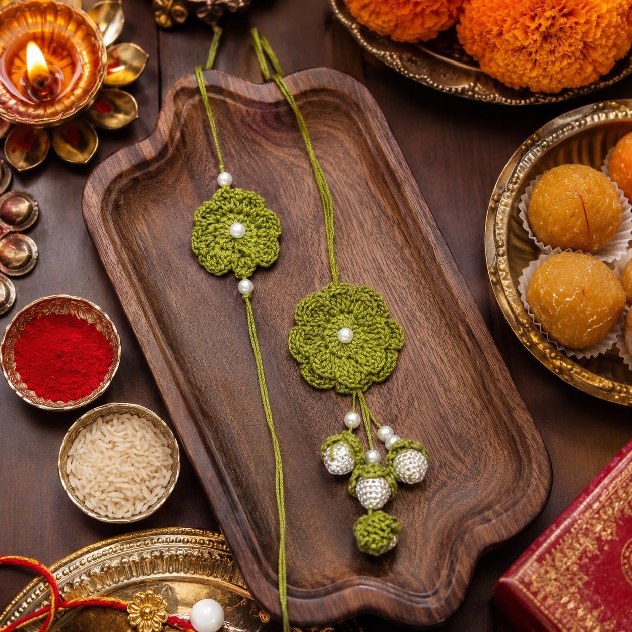 GliterKart Handmade Crochet Green Flower Rakhi for Brother, Cotton Thread Bracelet with Pearl Beads, Raksha Bandhan Gift - ba