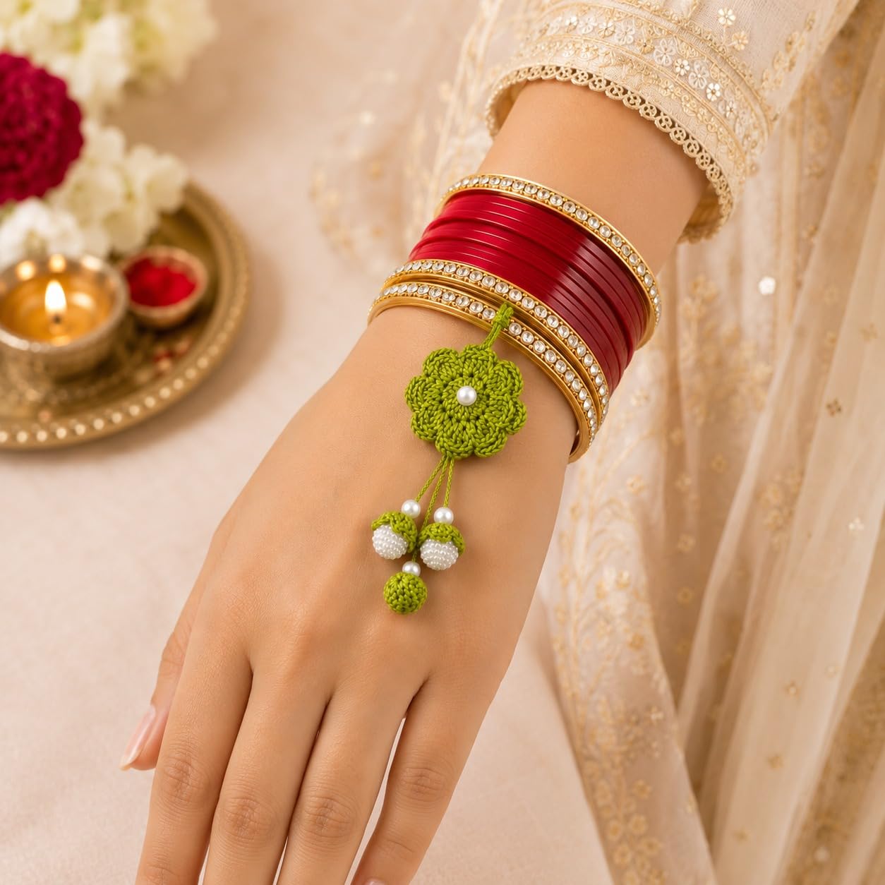 GliterKart Handmade Crochet Green Flower Rakhi for Brother, Cotton Thread Bracelet with Pearl Beads, Raksha Bandhan Gift - la
