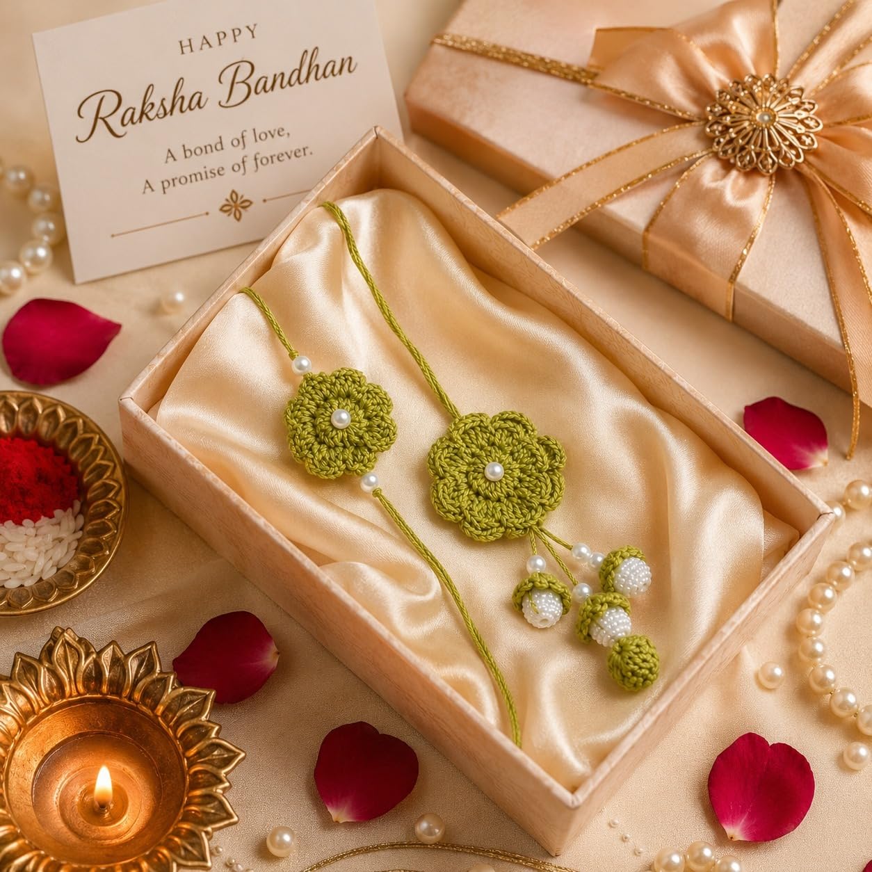 GliterKart Handmade Crochet Green Flower Rakhi for Brother, Cotton Thread Bracelet with Pearl Beads, Raksha Bandhan Gift - in