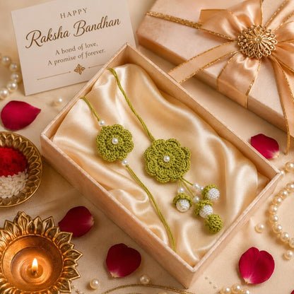 GliterKart Handmade Crochet Green Flower Rakhi for Brother, Cotton Thread Bracelet with Pearl Beads, Raksha Bandhan Gift - in
