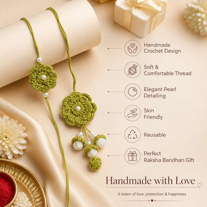 GliterKart Handmade Crochet Green Flower Rakhi for Brother, Cotton Thread Bracelet with Pearl Beads, Raksha Bandhan Gift - cl