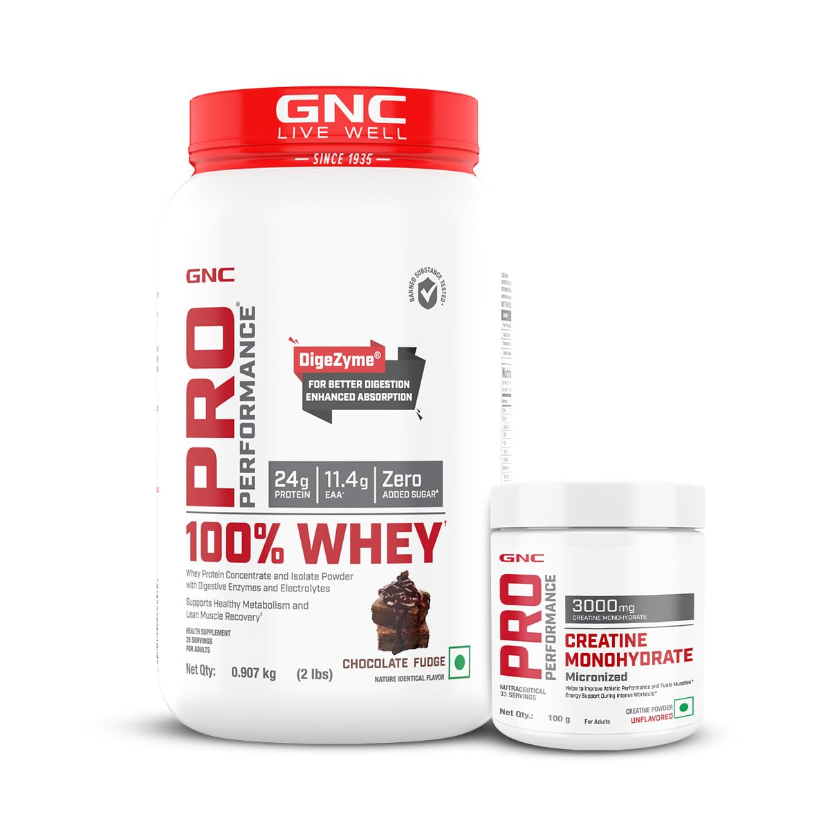 GNC Pro Performance 100% Whey Protein + Creatine Monohydrate Combo, Chocolate Fudge, 907g + 100g
