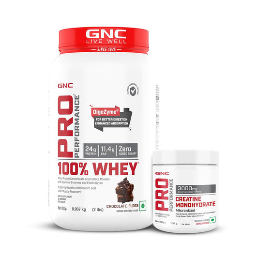 GNC Pro Performance 100% Whey Protein + Creatine Monohydrate Combo, Chocolate Fudge, 907g + 100g