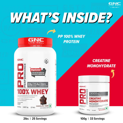 GNC Pro Performance 100% Whey Protein + Creatine Monohydrate Combo, Chocolate Fudge, 907g + 100g - front view