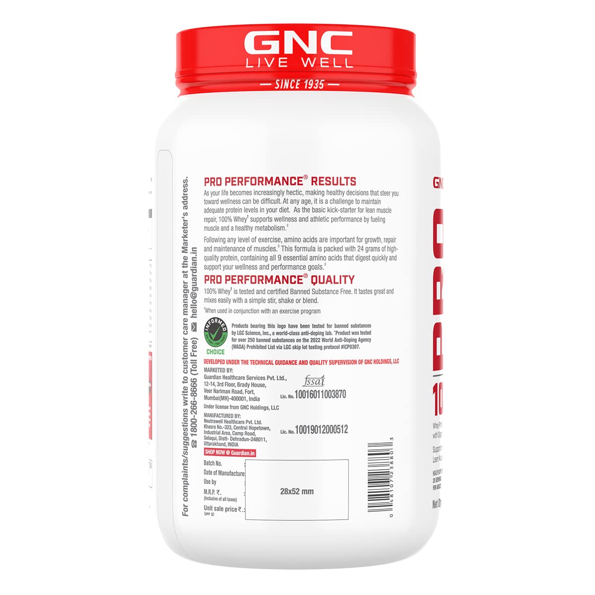 GNC Pro Performance 100% Whey Protein + Creatine Monohydrate Combo, Chocolate Fudge, 907g + 100g - label detail