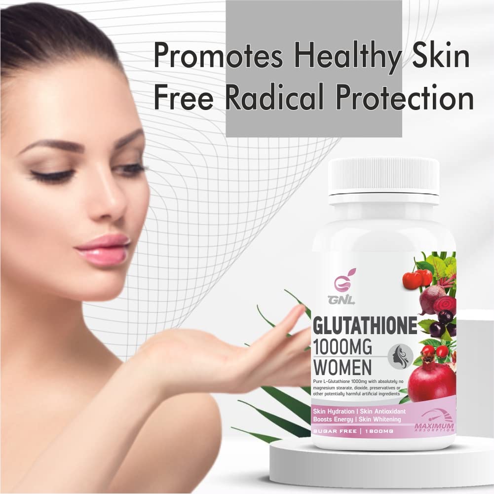 GNL L-Glutathione Tablets 1000mg, 60 Count, Vegan Formula with Vitamin C, E, Biotin, Hyaluronic Acid, ALA & Collagen, Women's