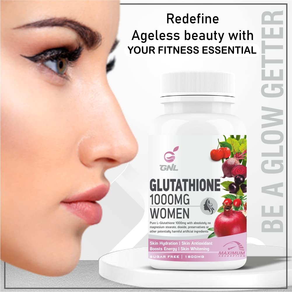 GNL L-Glutathione Tablets 1000mg, 60 Count, Vegan Formula with Vitamin C, E, Biotin, Hyaluronic Acid, ALA & Collagen, Women's