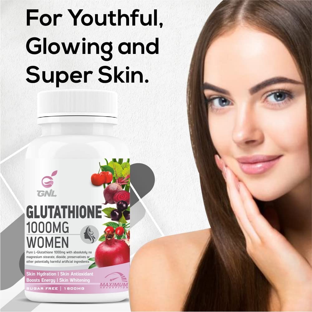 GNL L-Glutathione Tablets 1000mg, 60 Count, Vegan Formula with Vitamin C, E, Biotin, Hyaluronic Acid, ALA & Collagen, Women's
