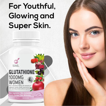 GNL L-Glutathione Tablets 1000mg, 60 Count, Vegan Formula with Vitamin C, E, Biotin, Hyaluronic Acid, ALA & Collagen, Women's