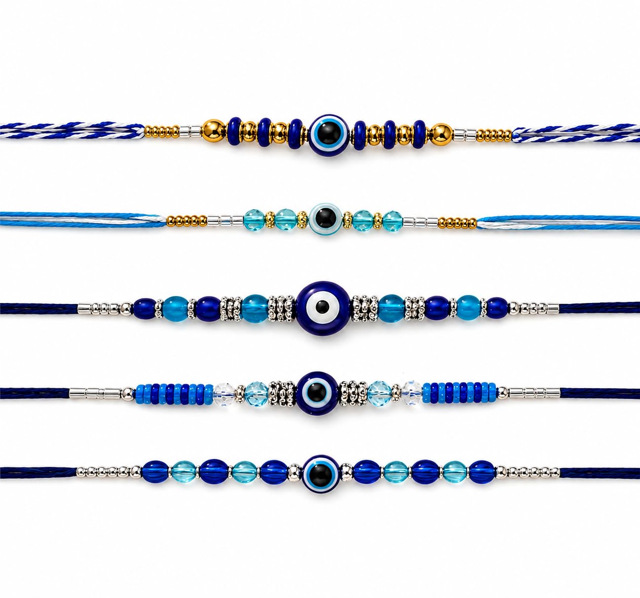 Goodi Cart Evil Eye Rakhi Set of 5 for Brother | Blue Evil Eye Beaded Rakhi Combo | Handmade Adjustable Cotton Thread | Raksh