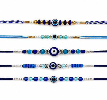 Goodi Cart Evil Eye Rakhi Set of 5 for Brother | Blue Evil Eye Beaded Rakhi Combo | Handmade Adjustable Cotton Thread | Raksh