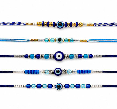 Goodi Cart Evil Eye Rakhi Set of 5 for Brother | Blue Evil Eye Beaded Rakhi Combo | Handmade Adjustable Cotton Thread | Raksh