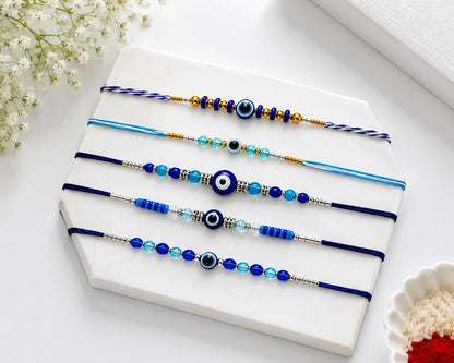 Goodi Cart Evil Eye Rakhi Set of 5 for Brother | Blue Evil Eye Beaded Rakhi Combo | Handmade Adjustable Cotton Thread | Raksh