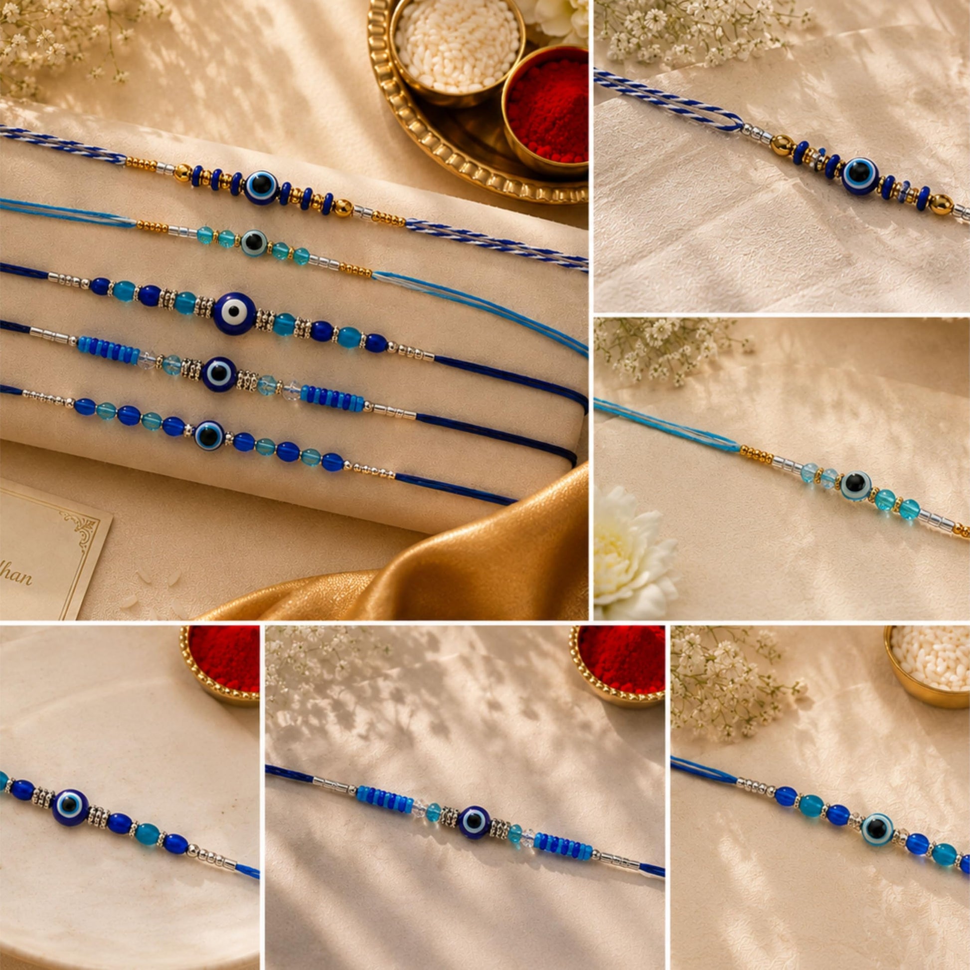 Goodi Cart Evil Eye Rakhi Set of 5 for Brother | Blue Evil Eye Beaded Rakhi Combo | Handmade Adjustable Cotton Thread | Raksh