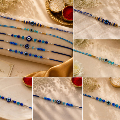Goodi Cart Evil Eye Rakhi Set of 5 for Brother | Blue Evil Eye Beaded Rakhi Combo | Handmade Adjustable Cotton Thread | Raksh