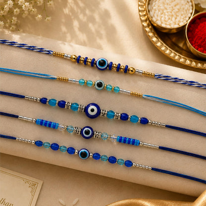 Goodi Cart Evil Eye Rakhi Set of 5 for Brother | Blue Evil Eye Beaded Rakhi Combo | Handmade Adjustable Cotton Thread | Raksh