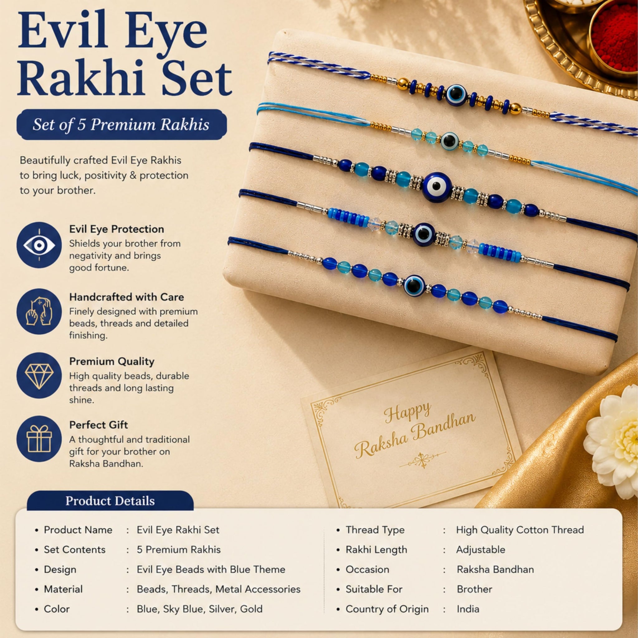 Goodi Cart Evil Eye Rakhi Set of 5 for Brother | Blue Evil Eye Beaded Rakhi Combo | Handmade Adjustable Cotton Thread | Raksh