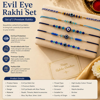 Goodi Cart Evil Eye Rakhi Set of 5 for Brother | Blue Evil Eye Beaded Rakhi Combo | Handmade Adjustable Cotton Thread | Raksh