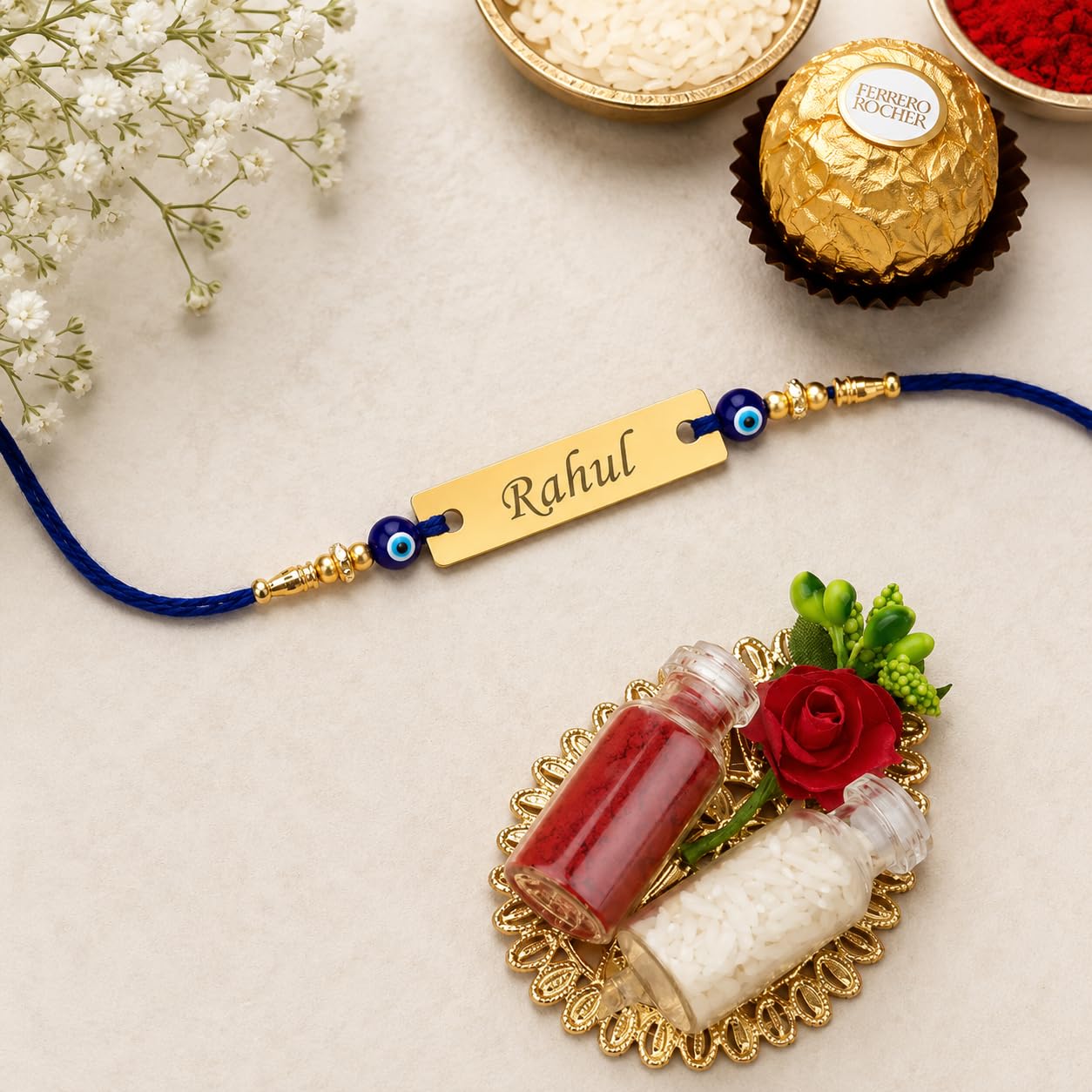 Goodi Cart Personalized Evil Eye Name Rakhi for Brother | Custom Engraved Metal Rakhi | Raksha Bandhan Gift for Bhai - front
