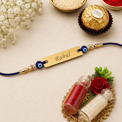 Goodi Cart Personalized Evil Eye Name Rakhi for Brother | Custom Engraved Metal Rakhi | Raksha Bandhan Gift for Bhai - back v