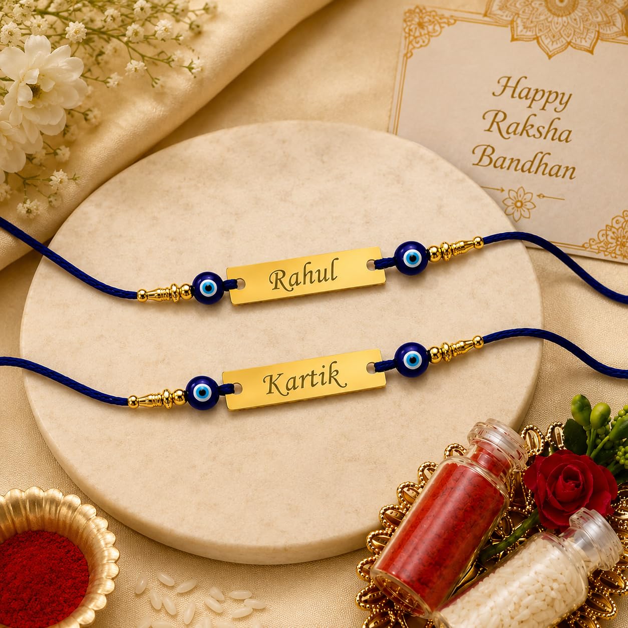 Goodi Cart Personalized Evil Eye Name Rakhi for Brother | Custom Engraved Metal Rakhi | Raksha Bandhan Gift for Bhai - front 