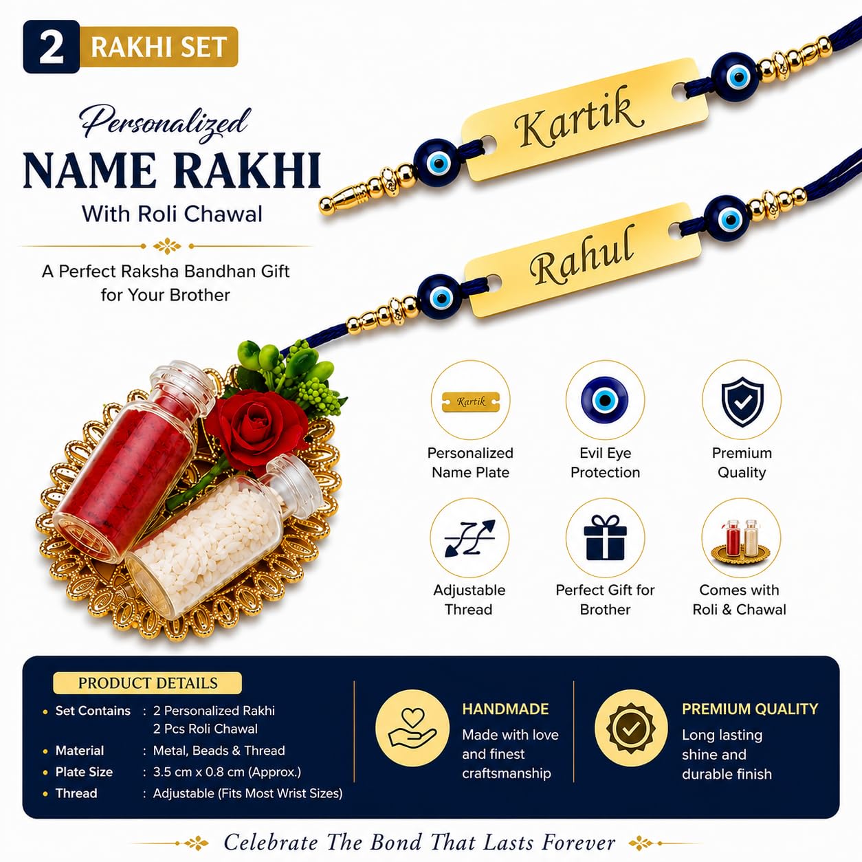 Goodi Cart Personalized Evil Eye Name Rakhi for Brother | Custom Engraved Metal Rakhi | Raksha Bandhan Gift for Bhai - back v