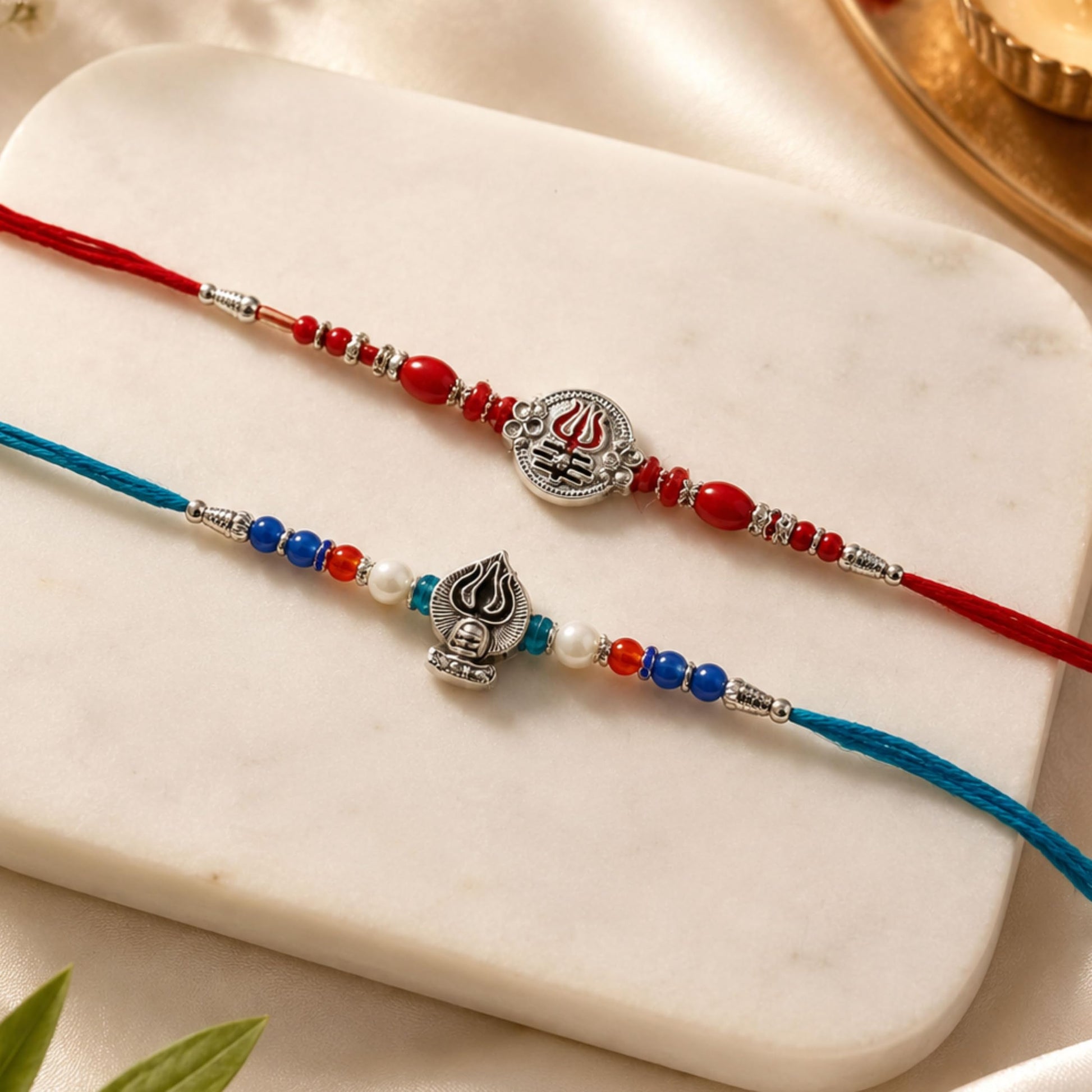 Goodi Cart Set of 2 Rudra Shiv Rakhi for Brother | Trishul & Shivling Bracelet Combo | Handcrafted Beads | Adjustable Sacred 