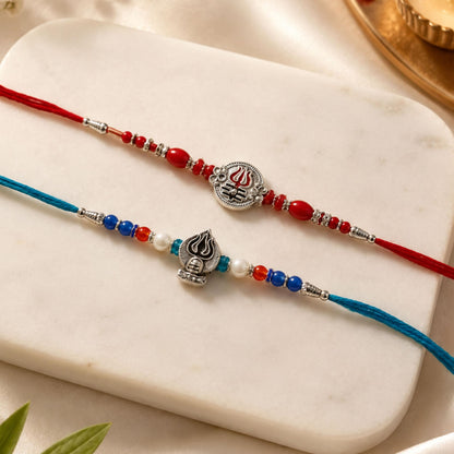 Goodi Cart Set of 2 Rudra Shiv Rakhi for Brother | Trishul & Shivling Bracelet Combo | Handcrafted Beads | Adjustable Sacred 