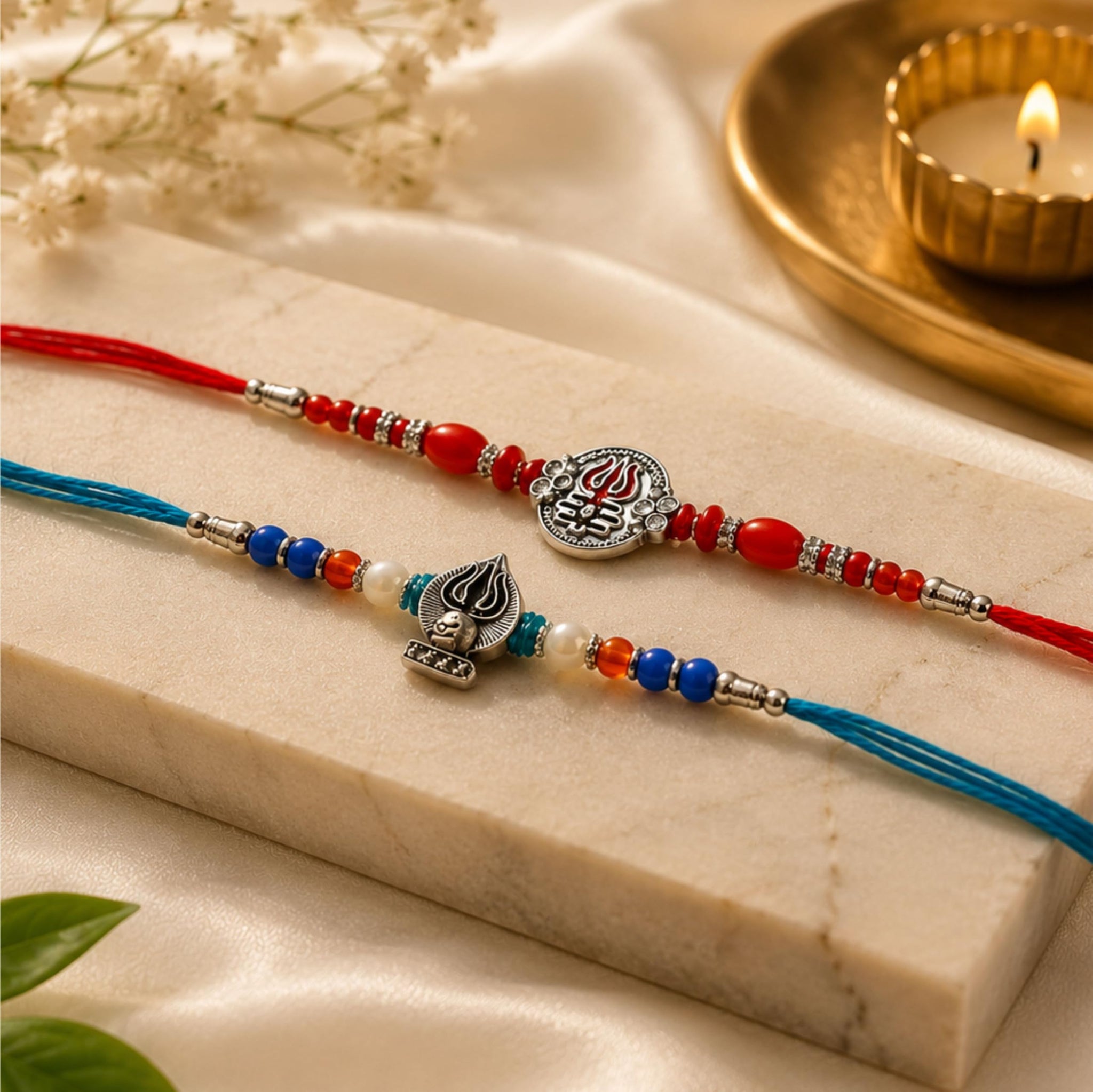 Goodi Cart Set of 2 Rudra Shiv Rakhi for Brother | Trishul & Shivling Bracelet Combo | Handcrafted Beads | Adjustable Sacred 