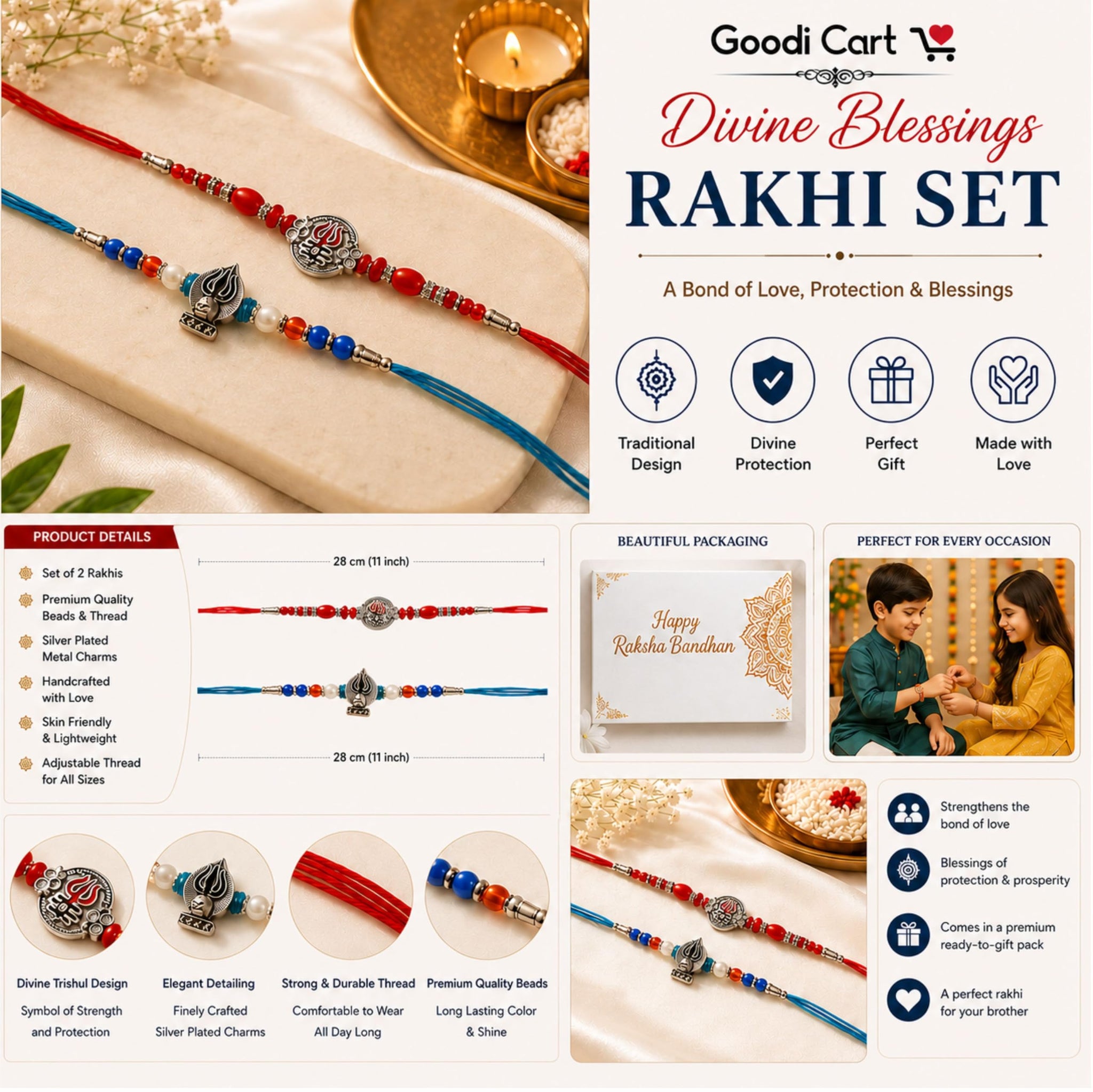 Goodi Cart Set of 2 Rudra Shiv Rakhi for Brother | Trishul & Shivling Bracelet Combo | Handcrafted Beads | Adjustable Sacred 