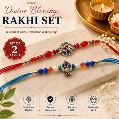 Goodi Cart Set of 2 Rudra Shiv Rakhi for Brother | Trishul & Shivling Bracelet Combo | Handcrafted Beads | Adjustable Sacred 