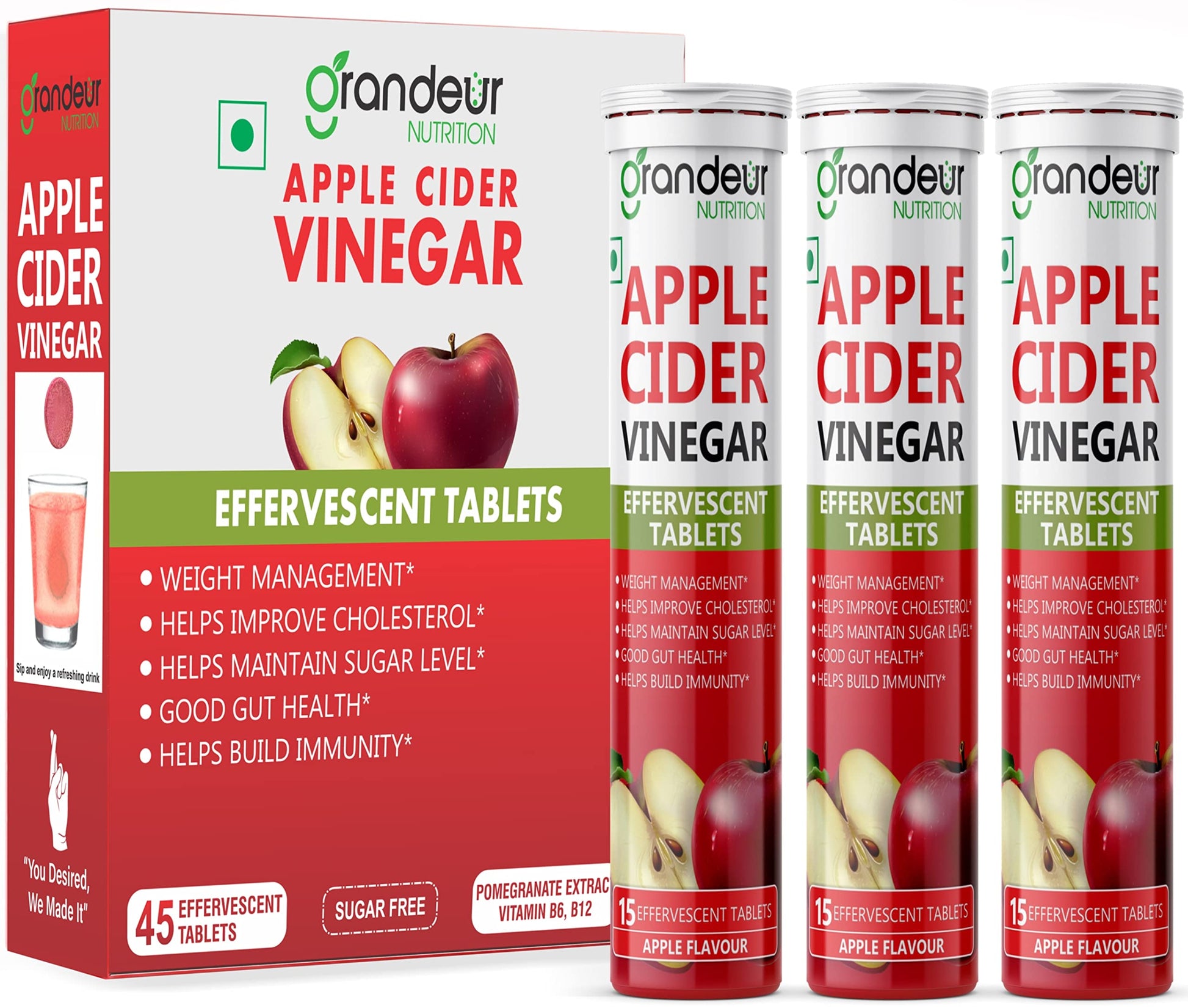 GRANDEUR Apple Cider Vinegar Effervescent Tablets with Pomegranate and B Vitamins, Nutritional Supplement