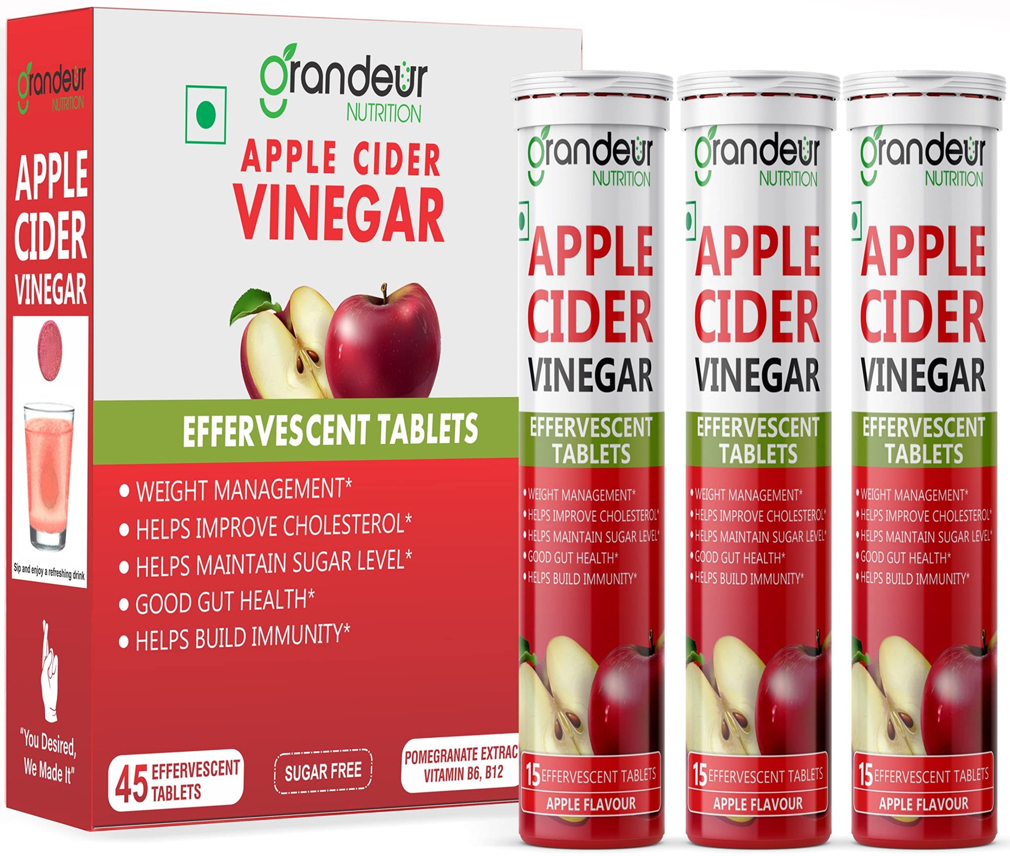 GRANDEUR Apple Cider Vinegar Effervescent Tablets with Pomegranate and B Vitamins, Nutritional Supplement
