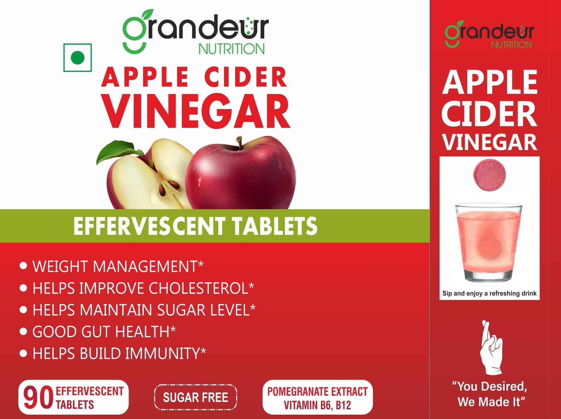 GRANDEUR Apple Cider Vinegar Effervescent Tablets with Pomegranate and B Vitamins, Nutritional Supplement - front view (13)