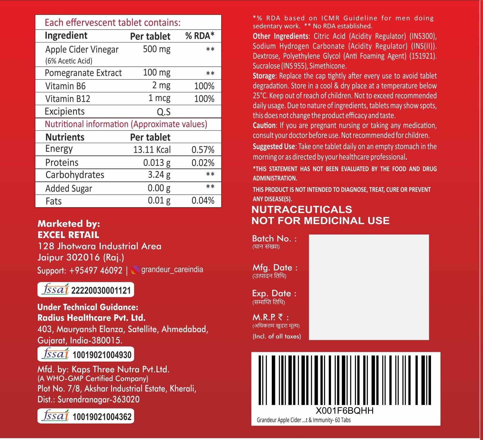 GRANDEUR Apple Cider Vinegar Effervescent Tablets with Pomegranate and B Vitamins, Nutritional Supplement - back view (14)