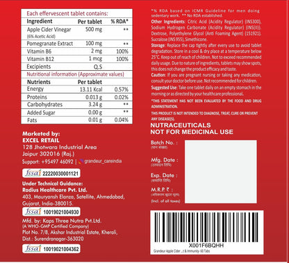 GRANDEUR Apple Cider Vinegar Effervescent Tablets with Pomegranate and B Vitamins, Nutritional Supplement - back view (14)